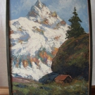 E. Faber, Kleine Hütte vor Bergmassiv, Öl auf Holz, signiert und datiert